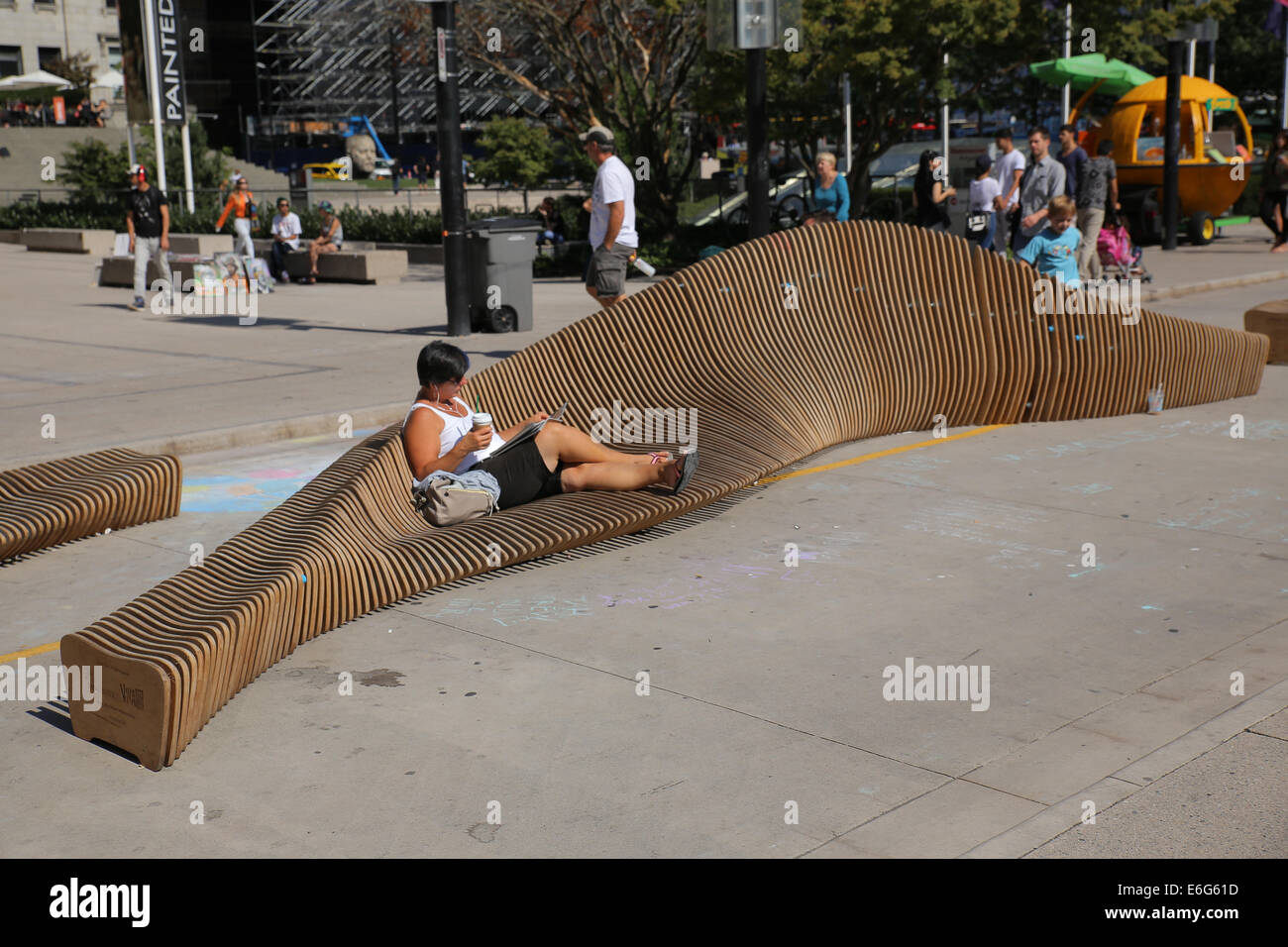 Vancouver urban reef bench near Robson square is a series of flowing benches crafted to look like coral reef Stock Photo