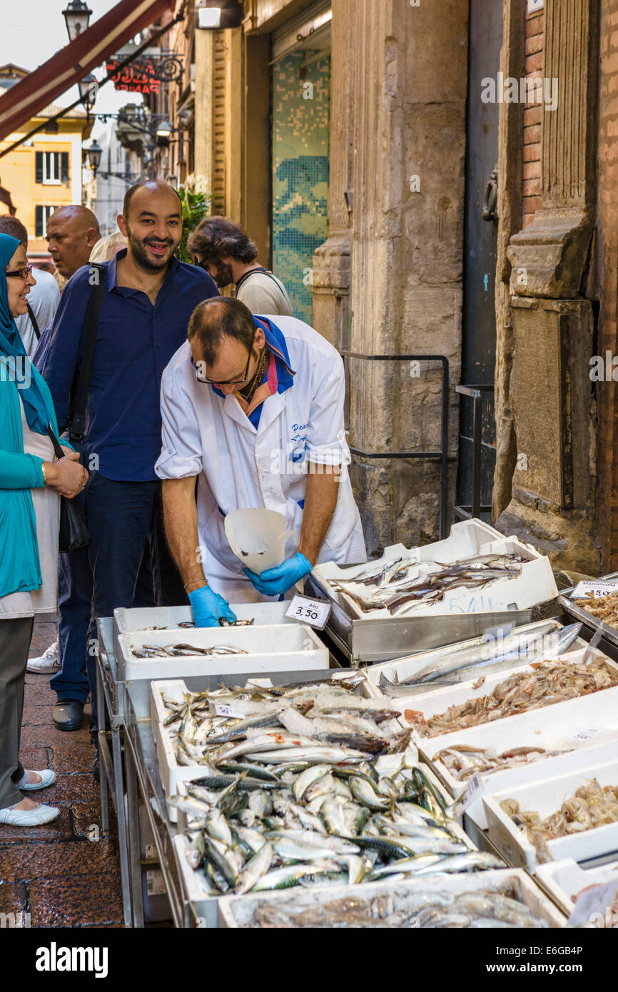 Fishmonger on Via Drapperie in the historic Quadrilatero market district, Bologna, Emilia Romagna, Italy Stock Photo