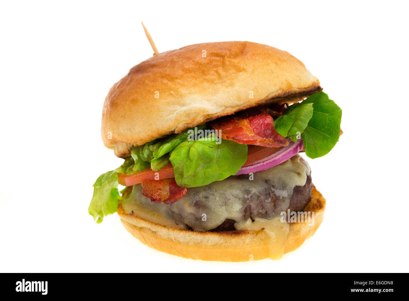 Cheeseburger with bacon served in  a brioche bun - studio shot with a white background Stock Photo