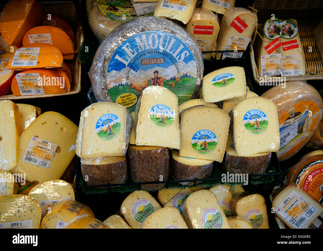 French cheese on sale in the town of Mirepoix, Ariege, France Stock Photo