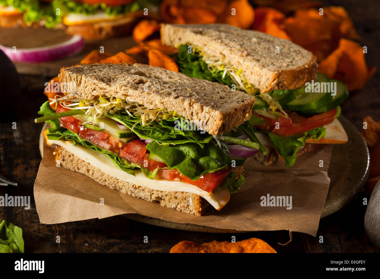 Healthy Vegetarian Veggie Sandwich with Spinach Tomato Cucumber Stock