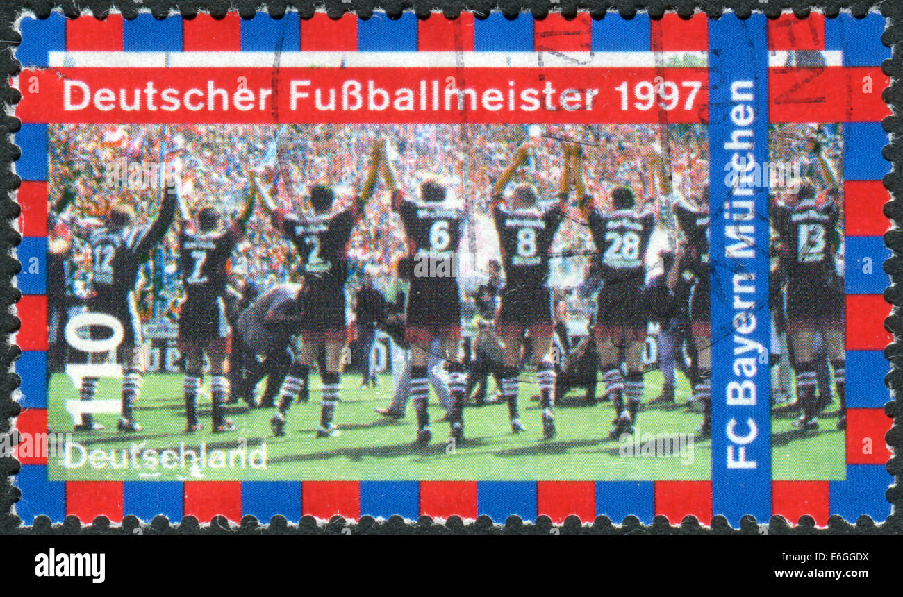 GERMANY - CIRCA 1997: Postage stamp printed in Germany, shows the FC Bayern Munchen, 1997 German Soccer Champions, circa 1997 Stock Photo