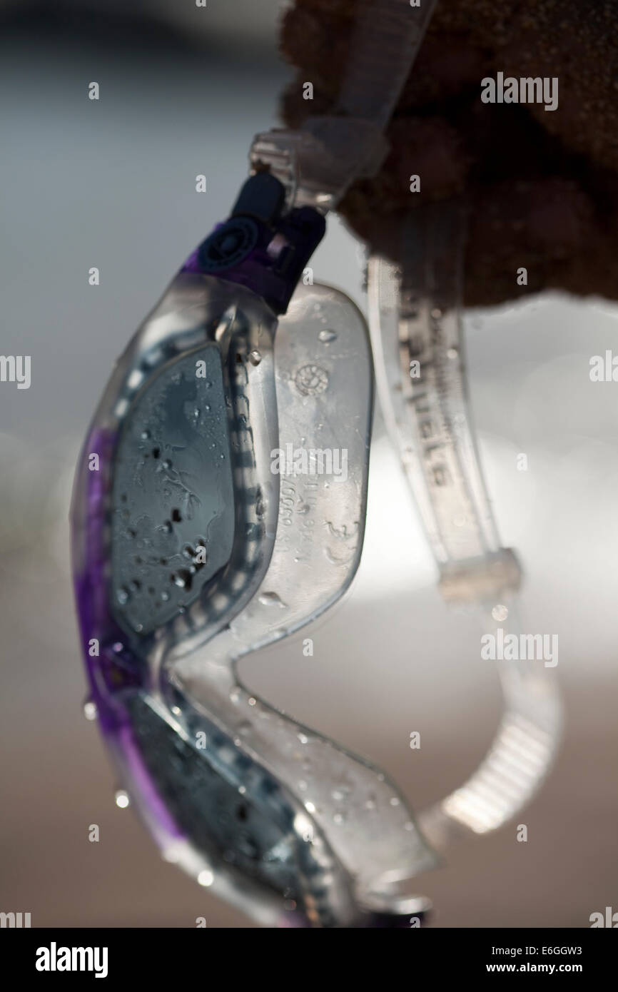 Close-up of swim googles.  Water drops present on mask. Stock Photo