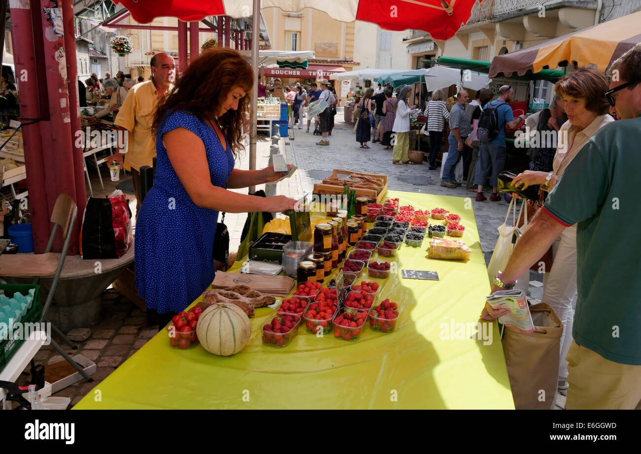Strwberries and fruit for sale at Ax-les-Thermes market, Foix, Ariege, France Stock Photo
