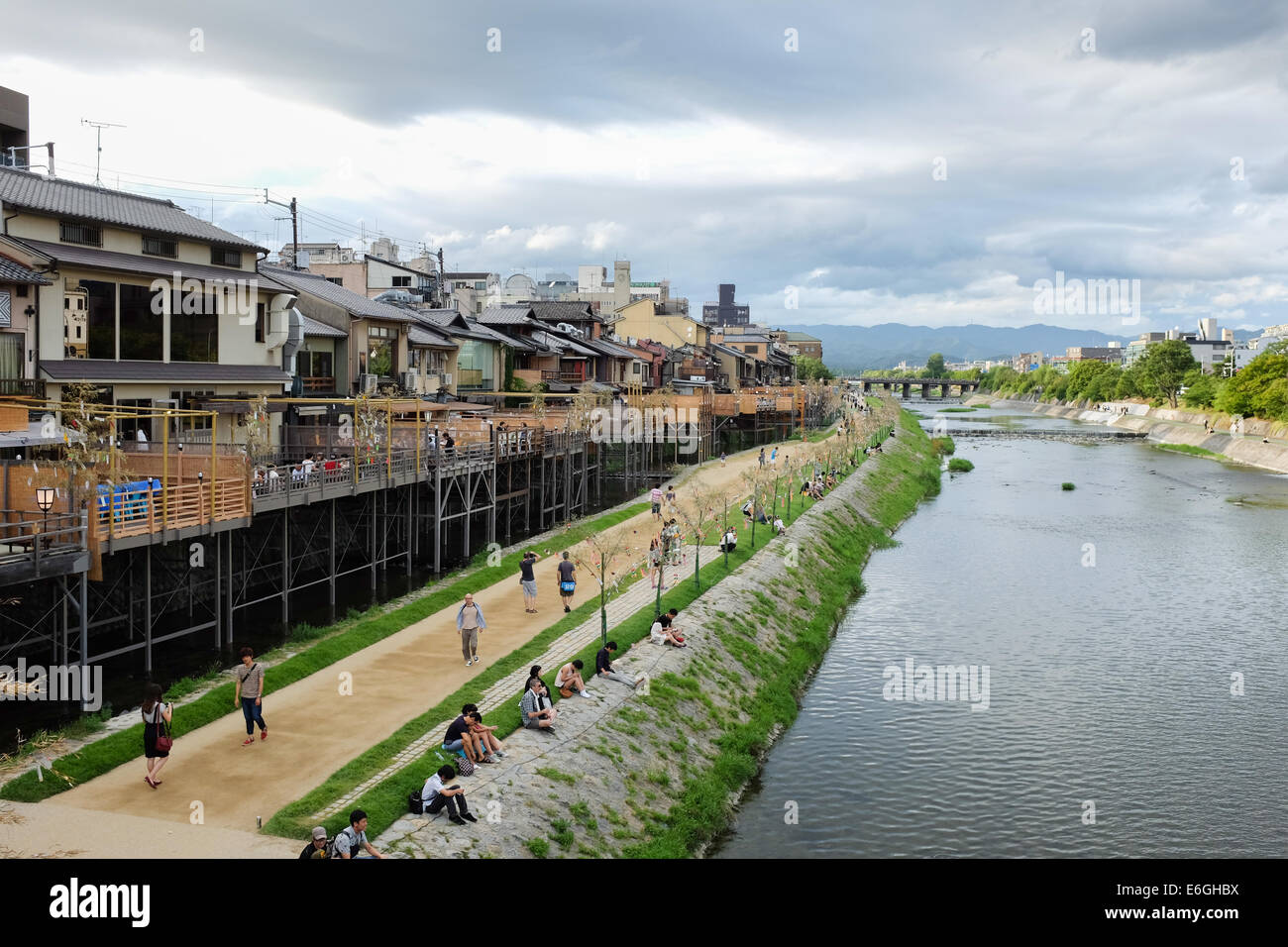 Decks (kawadoko) set up along Kyoto's Kamogawa river. Stock Photo