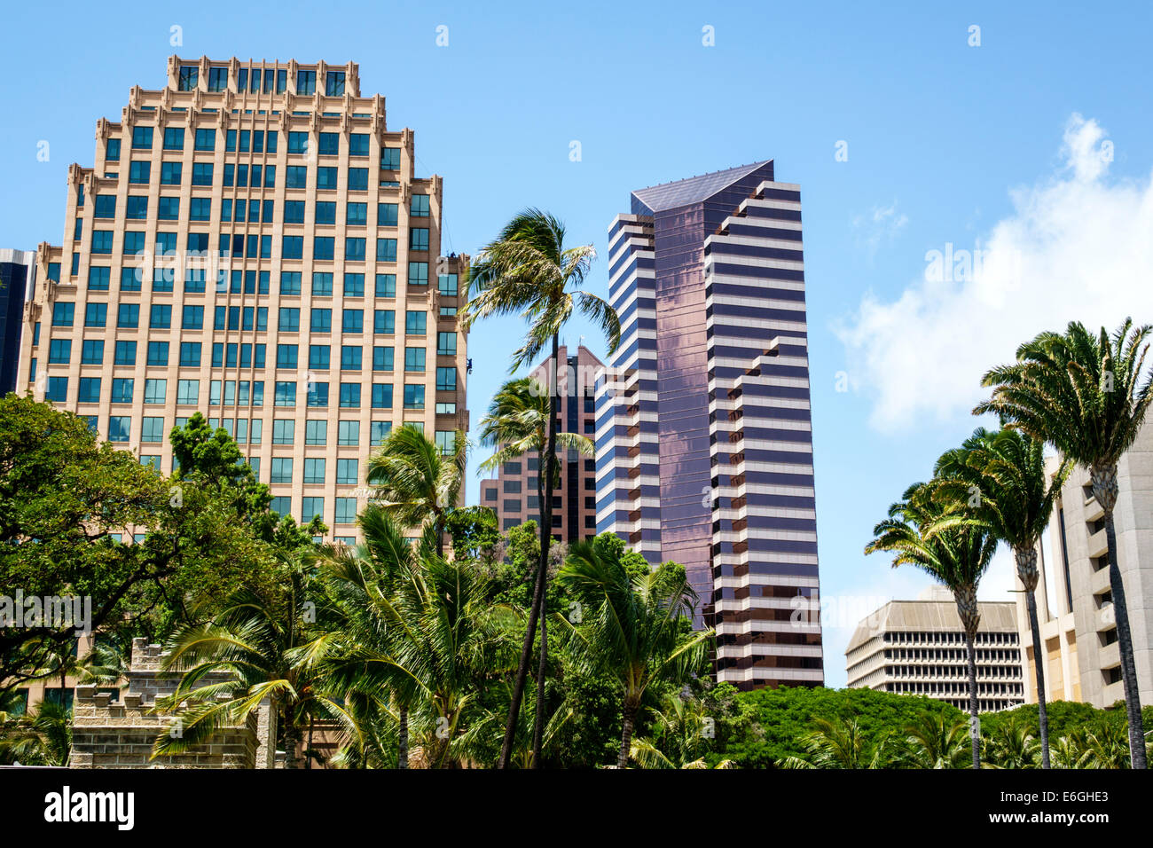 Honolulu Hawaii,Oahu,Hawaiian,downtown city skyline,high rise,skyscraper office buildings,palm trees,USA,US,United,States,America Polynesia,HI14032503 Stock Photo