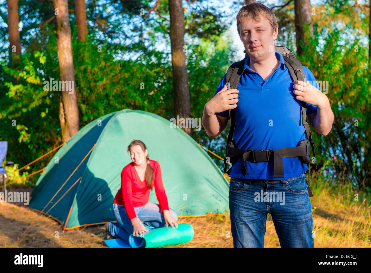 outdoor activities. Family camping summer day Stock Photo