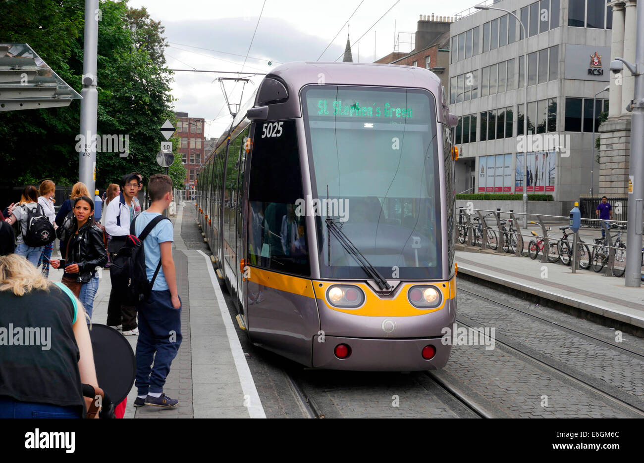 Dublin tram at St Stephens Green, rail transport in Dublin Ireland Stock Photo
