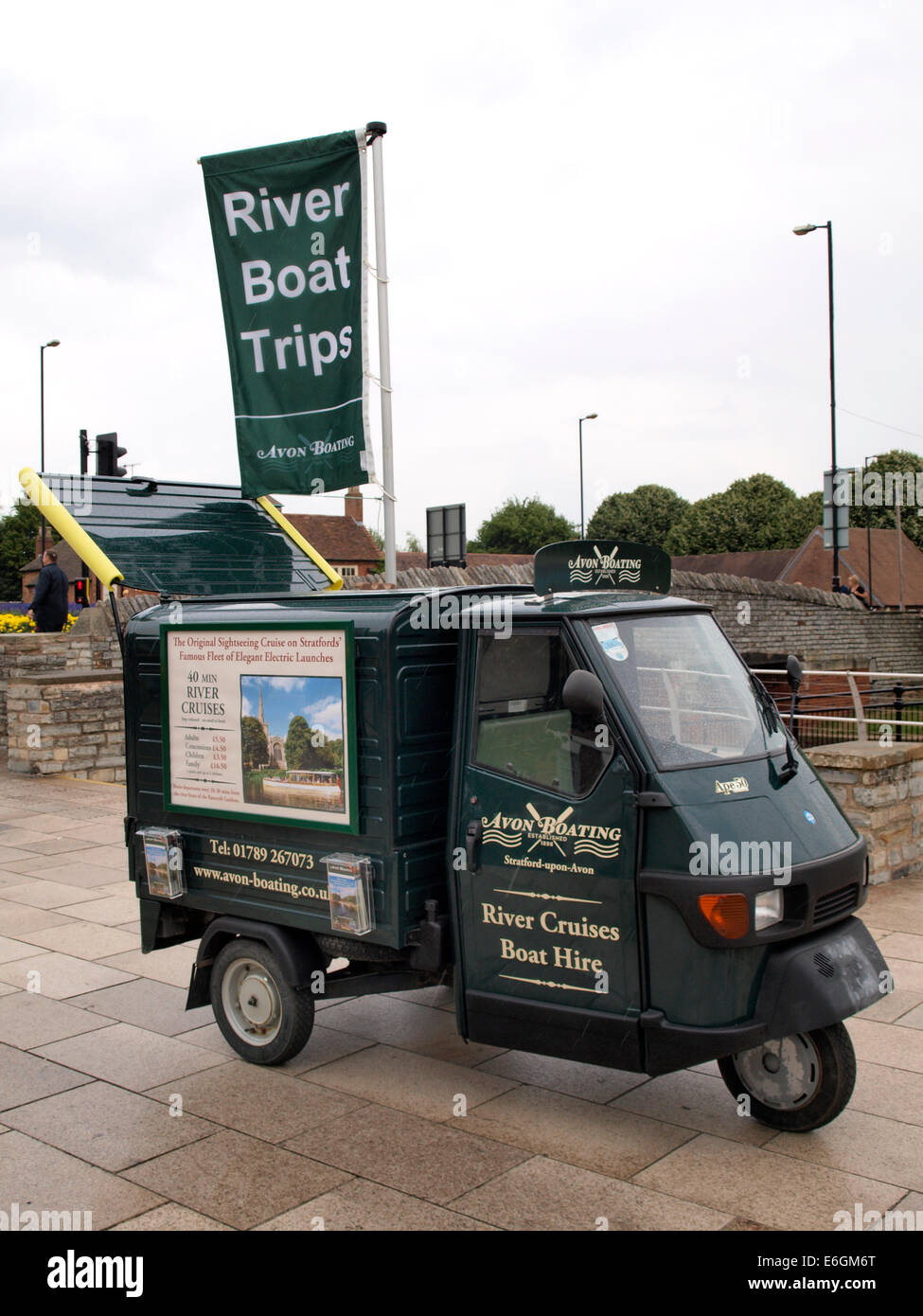 Piaggio Ape 50 advertising vehicle for Avon Boating river cruises, Stratford-upon-Avon, Warwickshire, UK Stock Photo