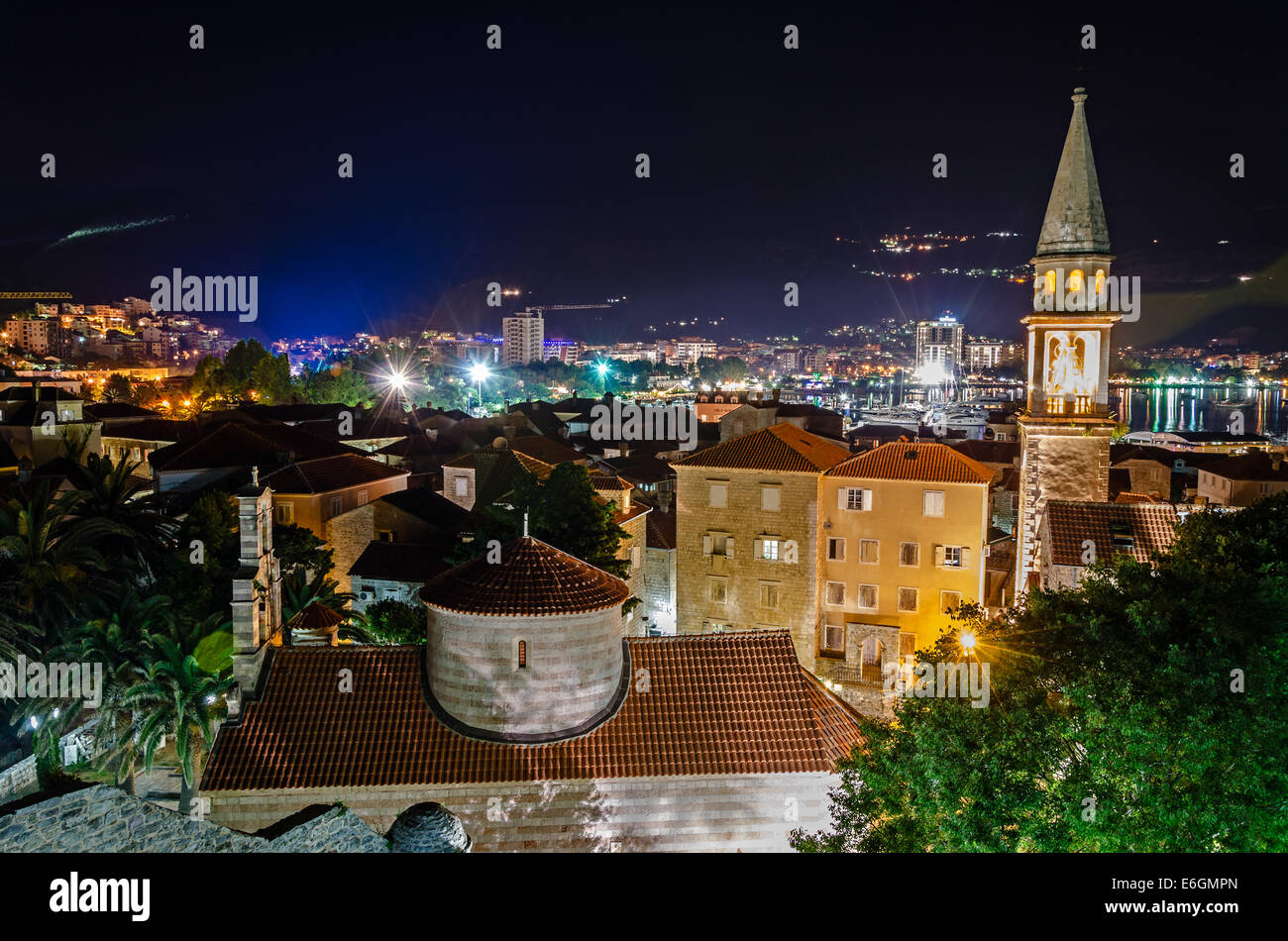 Old town of Budva at night. View from citadel. Stock Photo