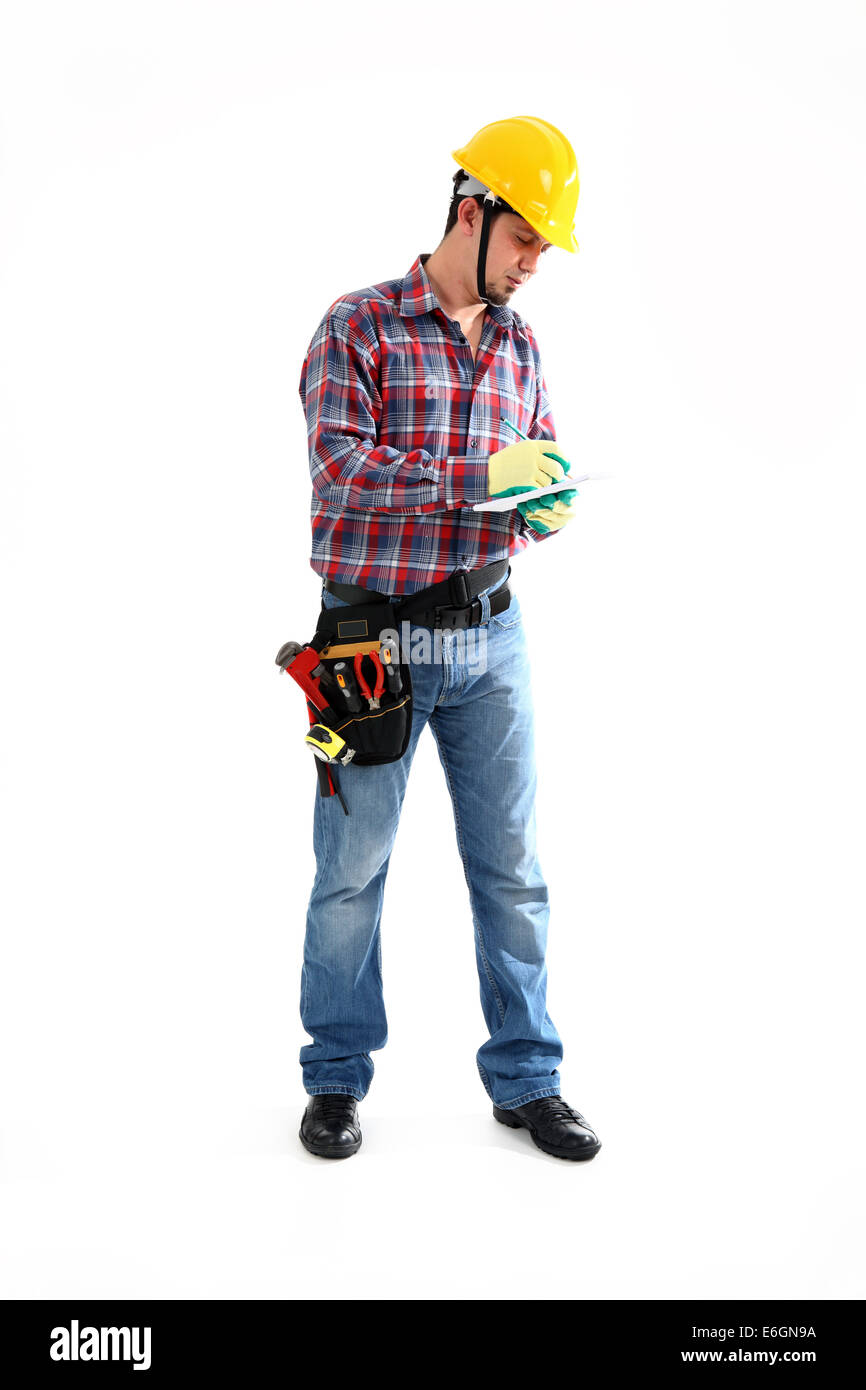 Manual Worker is writing on the white background. Isolated on white Stock Photo