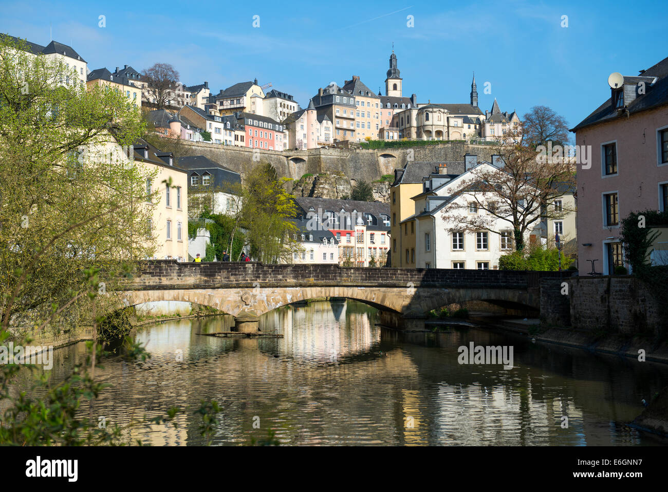 Downtown Grund of Luxembourg City, view with a bridge across the ...