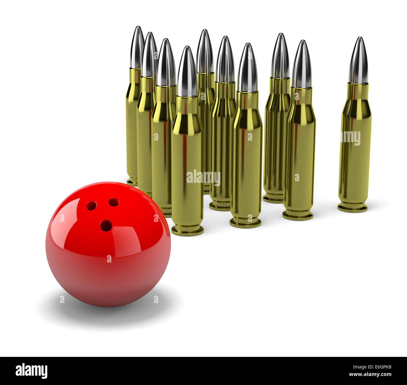 Group of Bullets with Red Bowling Skittle Ball on White Background 3D Illustration Stock Photo