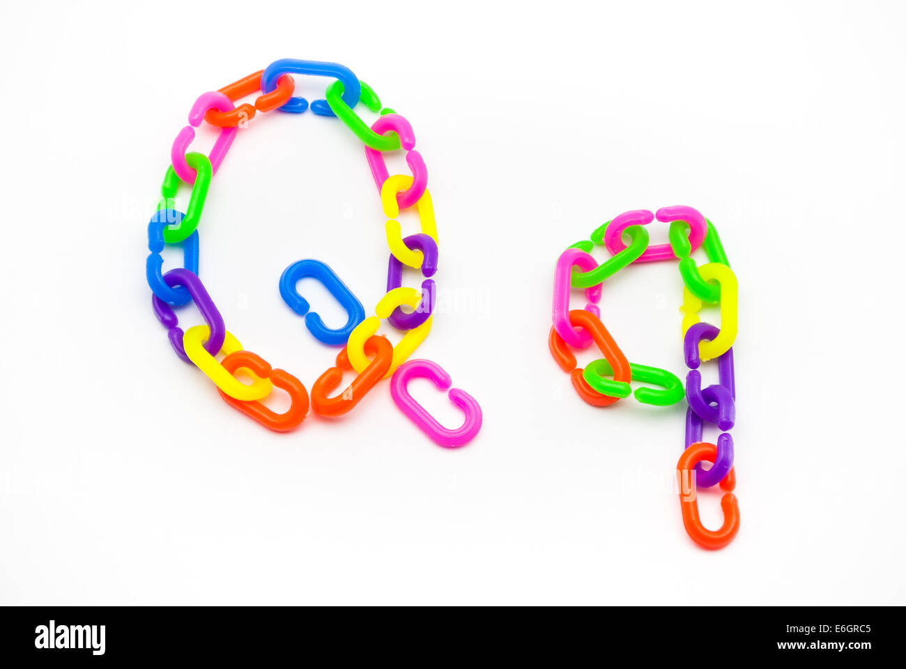 Q and q Alphabet, Created by Colorful Plastic Chain. Stock Photo