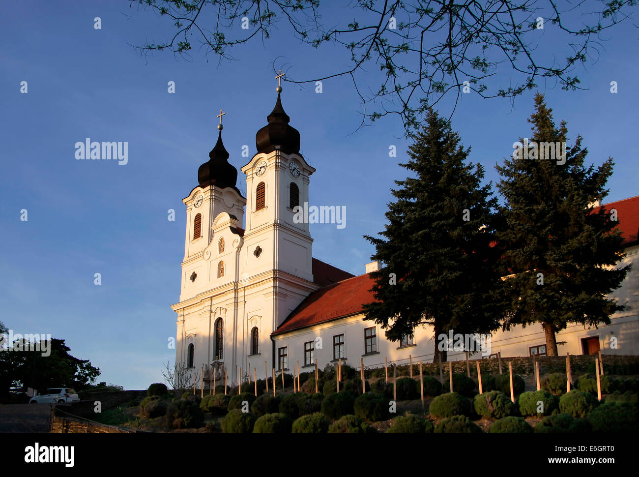 Towers of the Abbey Church in Tihany at Lake Balaton, Hungary Stock Photo