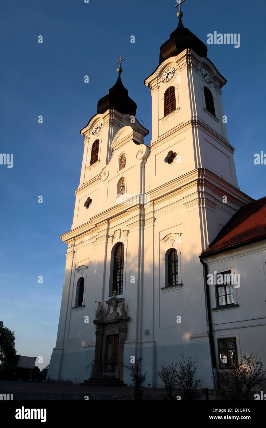 Towers of the Abbey Church in Tihany at Lake Balaton, Hungary Stock Photo
