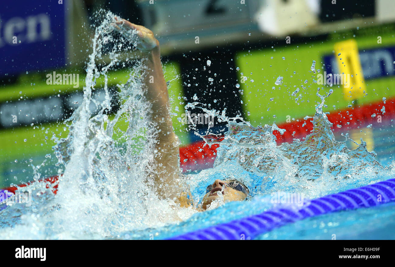 Berlin, Germany. 23rd Aug, 2014. Christian Diener of Germany competes in the men's 200m Backstroke Final at the 32nd LEN European Swimming Championships 2014 at the Velodrom in Berlin, Germany, 23 August 2014. Photo: David Ebener/dpa/Alamy Live News Stock Photo