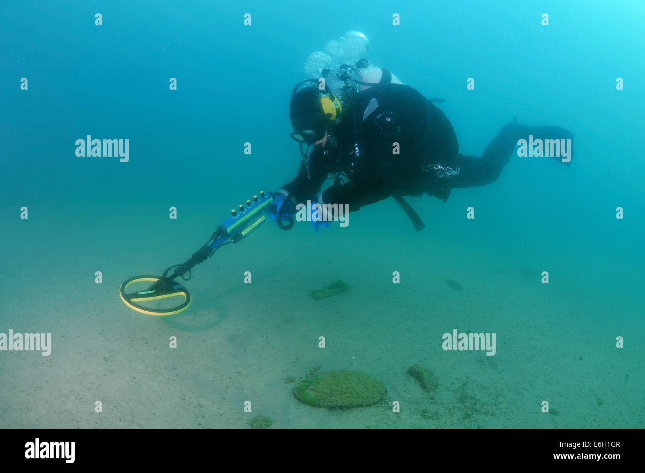 Diver with the metal detector searching for underwater treasure, lake Baikal, Siberia, Russia, Eurasia Stock Photo