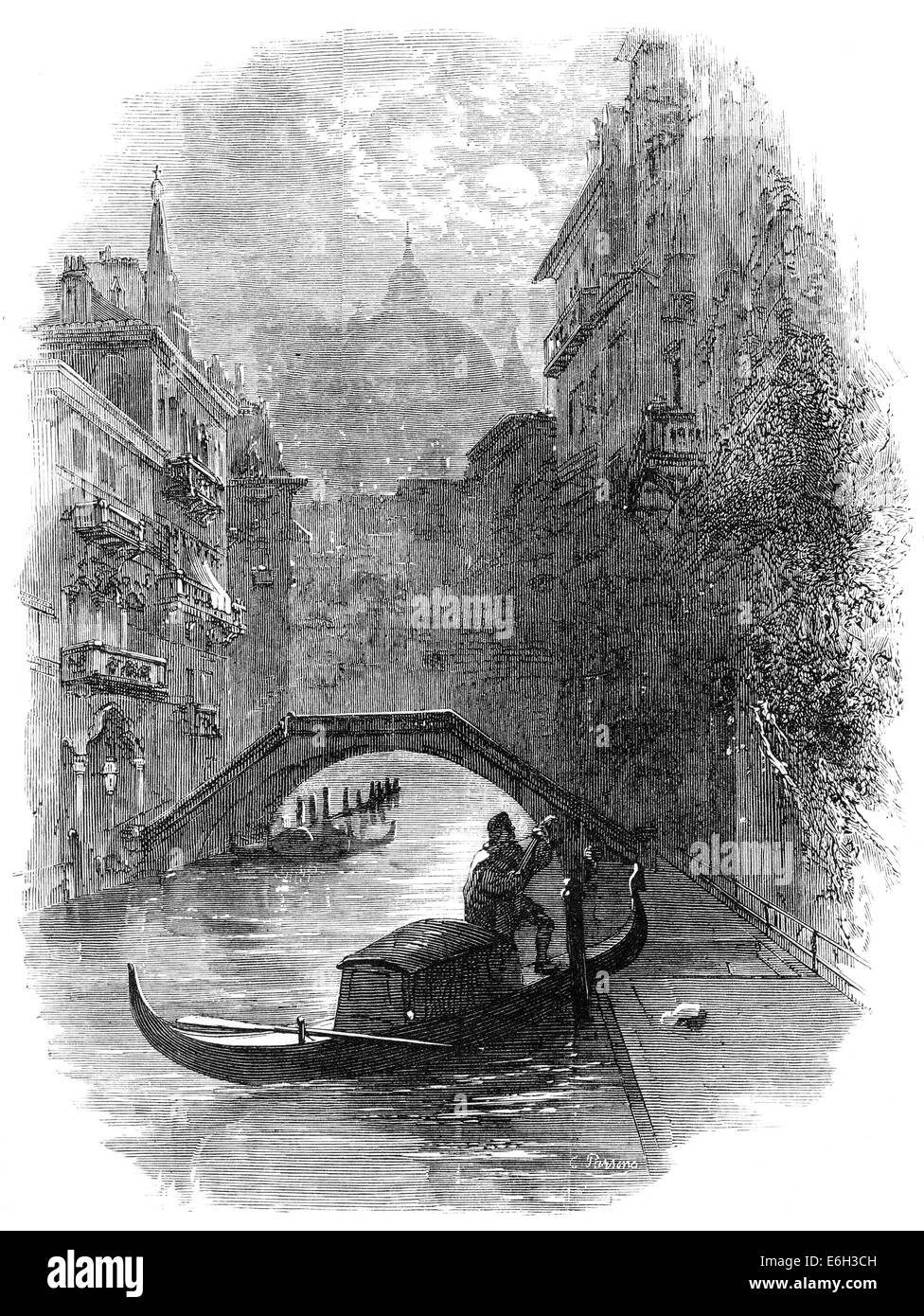 Gondola on canal, Venice, in 1872, Italy Stock Photo
