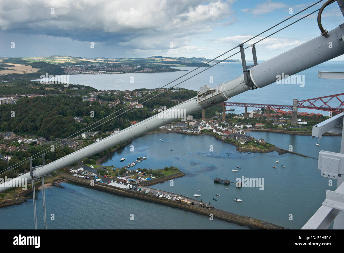 View from top of the Forth Road Bridge. Looking north-east toward North Queensferry harbor and Fife countryside Stock Photo