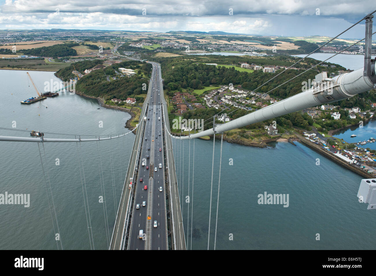 View from top of the Forth Road Bridge. Looking north toward North Queensferry and countryside of Fife. Stock Photo