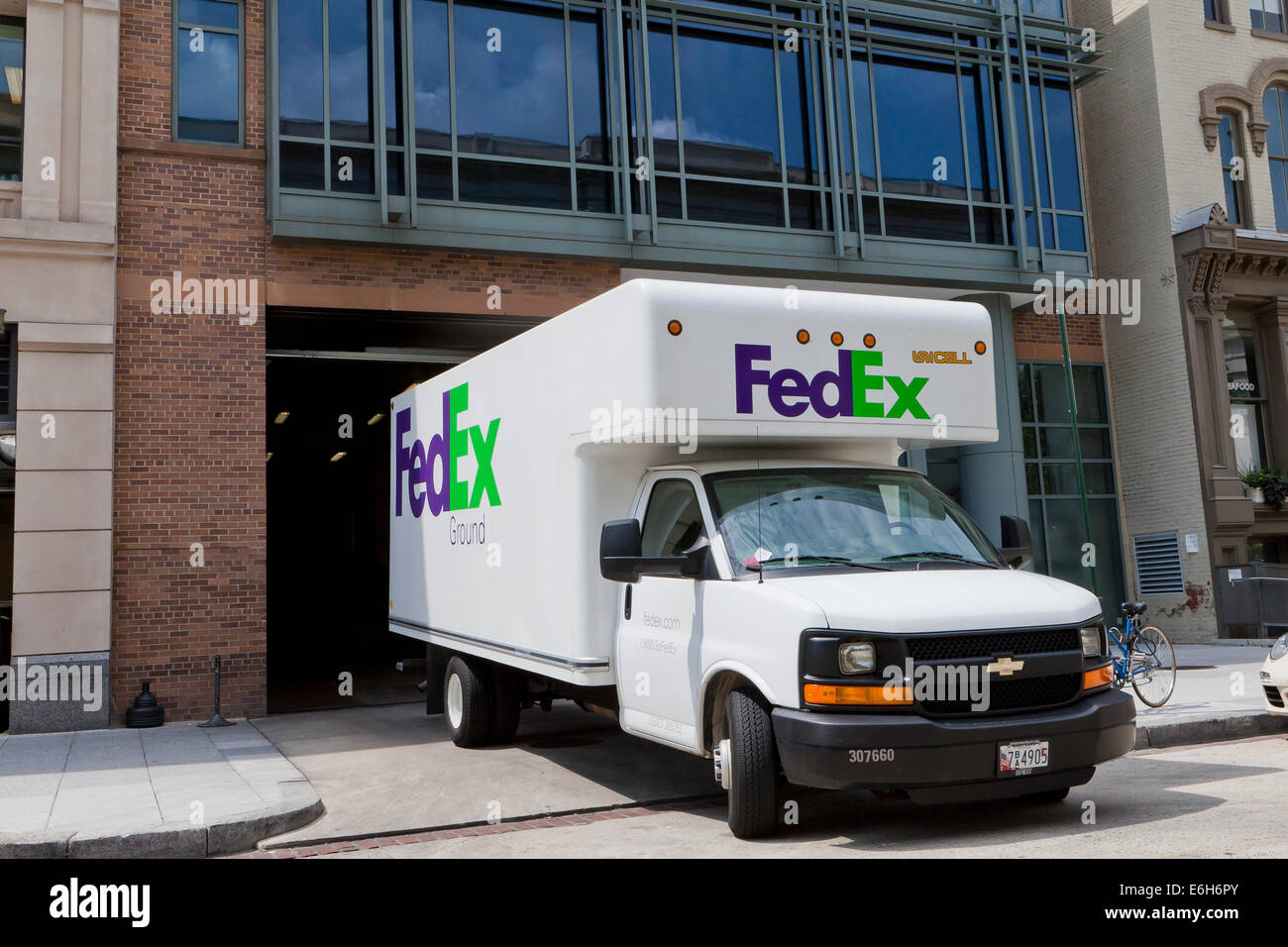 FedEx delivery truck backing into office building Washington, DC USA