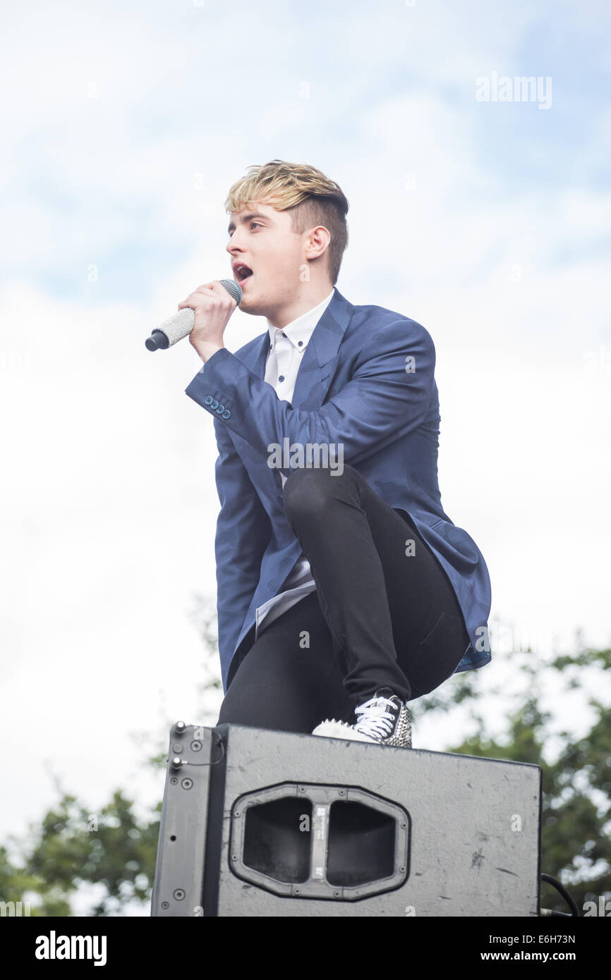 Jedward perform live at Total Access Live 2014 at Junction 16 Festival at Betley Court Farm, Cheshire Stock Photo