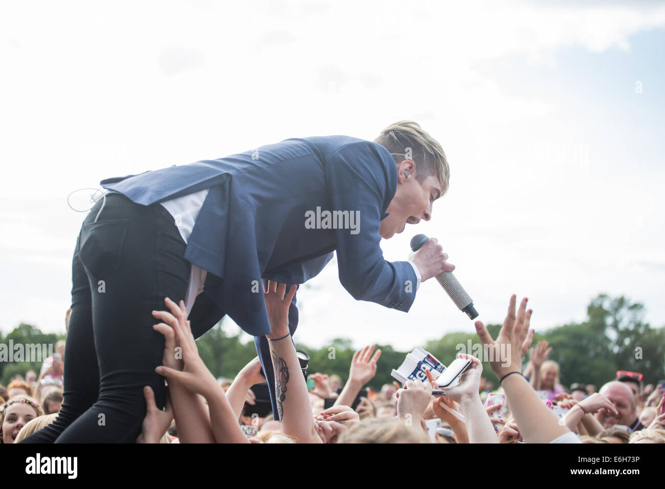 Jedward perform live at Total Access Live 2014 at Junction 16 Festival at Betley Court Farm, Cheshire Stock Photo