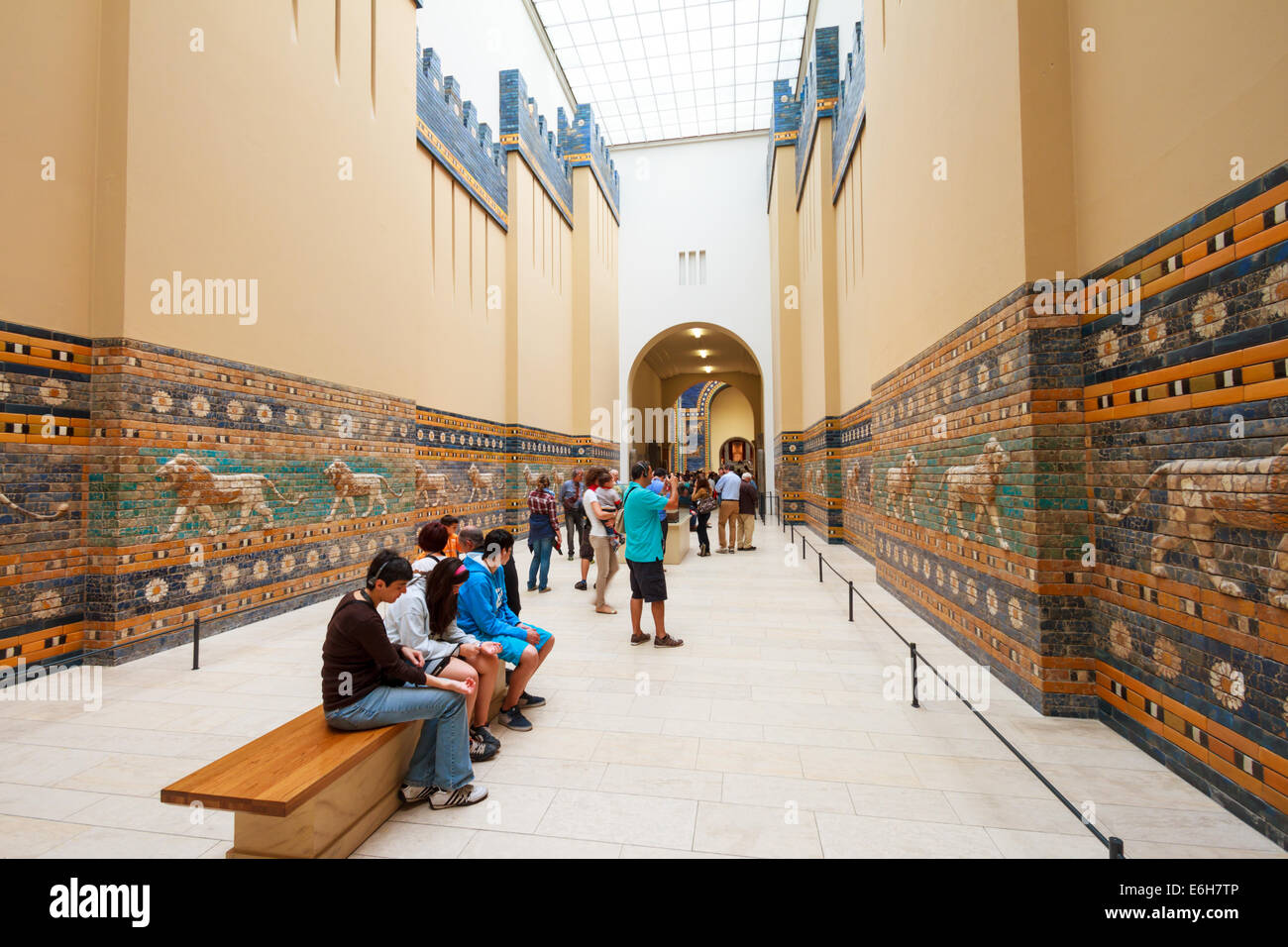 Reconstructed mosaics lining the path to the Ishtar Gate from Babylon in the Pergamom Museum, Berlin, Germany Stock Photo