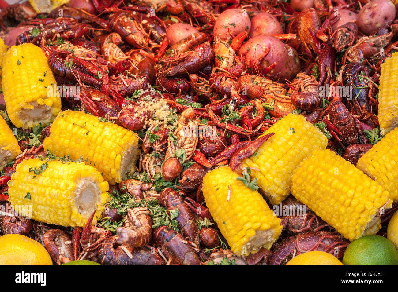 Food seafood boil boiled cajun corn crawfish mudbugs creole ethnic hi