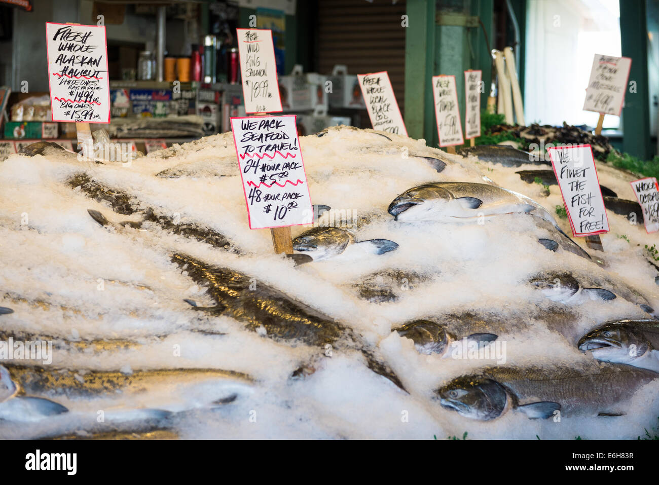 Fresh fish on display at Pike Place Market, Seattle Stock Photo Alamy