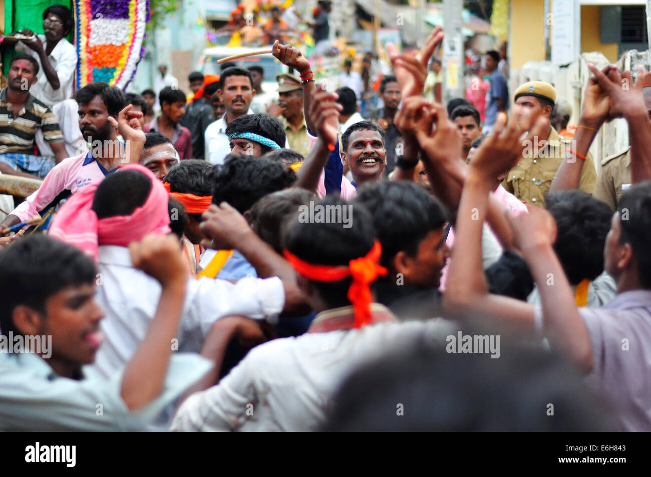 People dancing during the Ganesh Chaturthi celebration in Rameswaram, India. Stock Photo