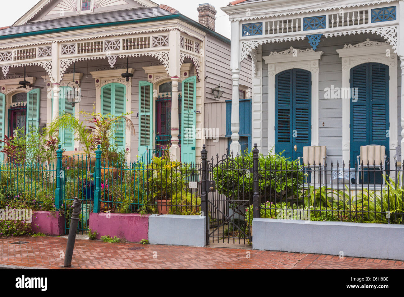 Typical duplex homes in the residential area of the French Quarter of New Orleans, Louisiana Stock Photo