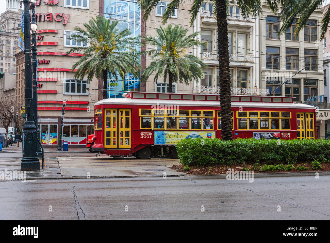 Electric streetcar in neutral ground on Canal Street in downtown New Orleans, Louisiana Stock Photo
