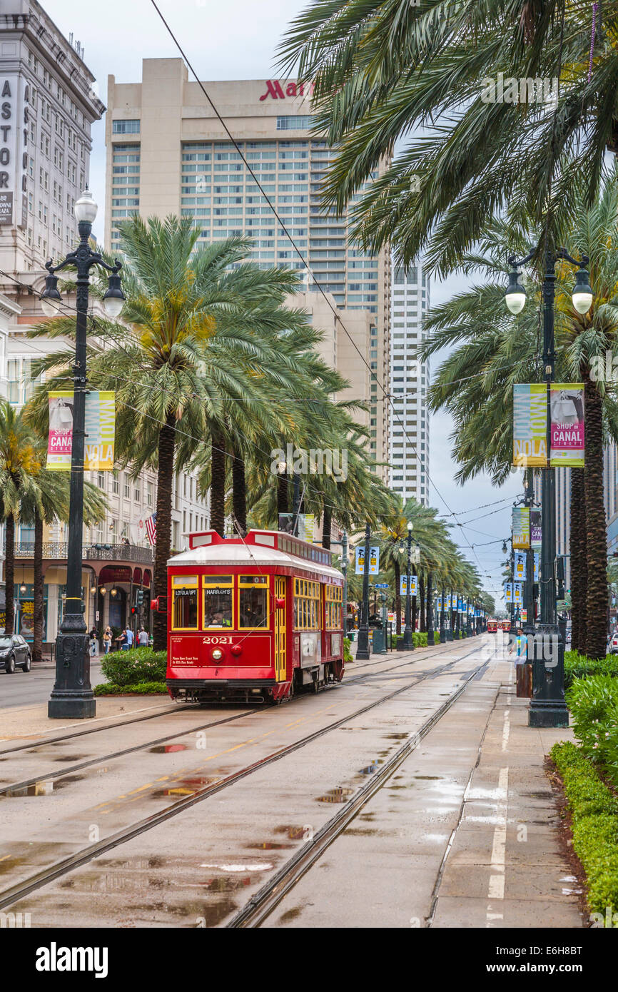 Electric streetcar in neutral ground on Canal Street in downtown New Orleans, Louisiana Stock Photo
