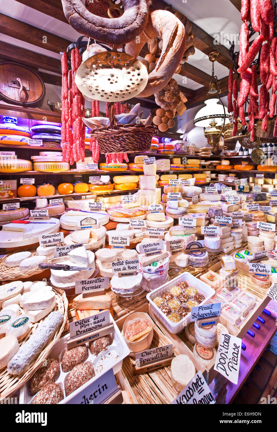 The interior of the famous delicatessen, Diksmuids Boterhuis showing a variety of cheese and dried sausage in Bruges, Belgium Stock Photo