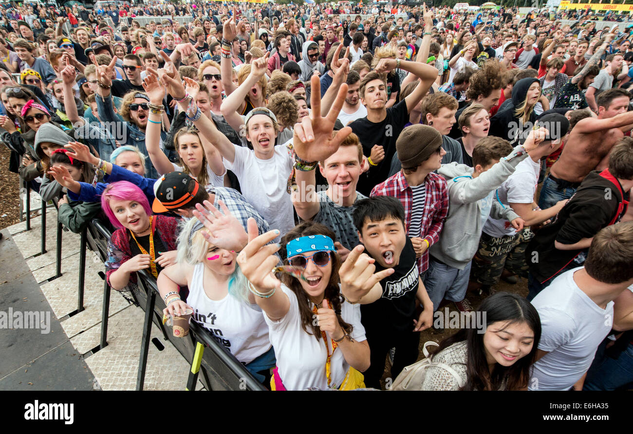 Leeds, UK. 23rd Aug, 2014. Festival goers enjoy the atmosphere during the second day of Leeds Festival at Bramham Park on August 23, 2014 in Leeds, United Kingdom Credit:  Sam Kovak/Alamy Live News Stock Photo