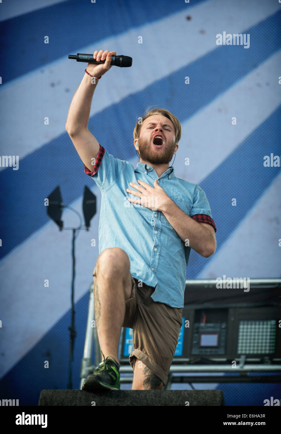 Leeds, UK. 23rd Aug, 2014. Roughton 'Rou' Reynolds of Enter Shikari performs on stage at Leeds Festival at Bramham Park on August 23, 2014 in Leeds, United Kingdom. Credit:  Sam Kovak/Alamy Live News Stock Photo