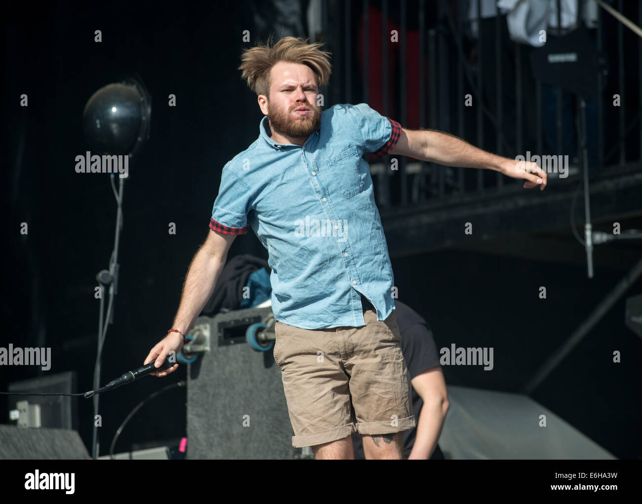 Leeds, UK. 23rd Aug, 2014. Roughton 'Rou' Reynolds of Enter Shikari performs on stage at Leeds Festival at Bramham Park on August 23, 2014 in Leeds, United Kingdom. Credit:  Sam Kovak/Alamy Live News Stock Photo