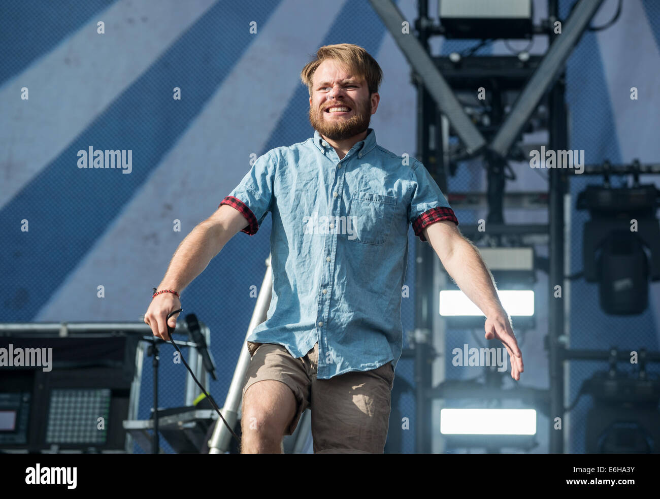 Leeds, UK. 23rd Aug, 2014. Roughton 'Rou' Reynolds of Enter Shikari performs on stage at Leeds Festival at Bramham Park on August 23, 2014 in Leeds, United Kingdom. Credit:  Sam Kovak/Alamy Live News Stock Photo