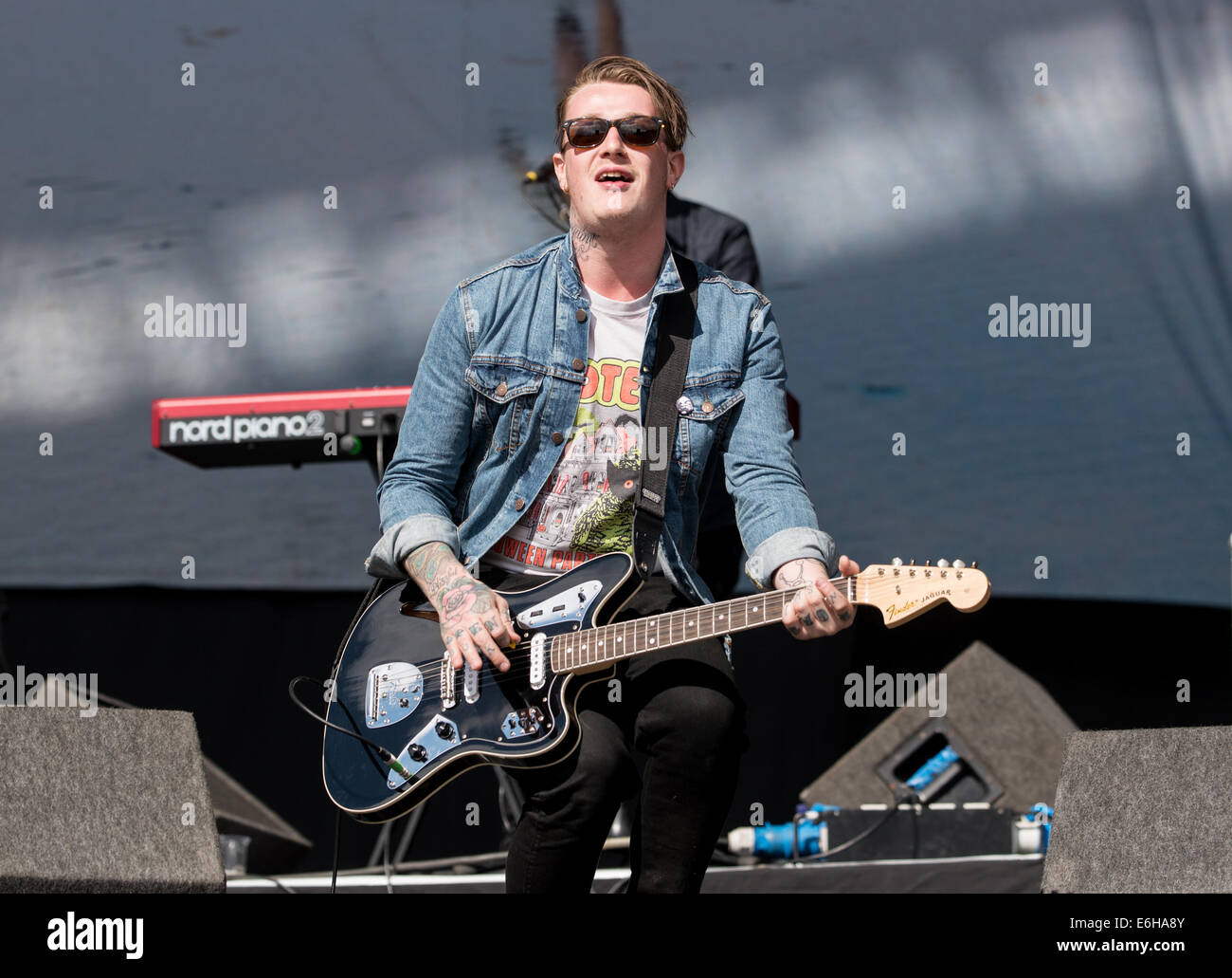 Leeds, UK. 23rd Aug, 2014. James VeckGilodi of Deaf Havana performs on