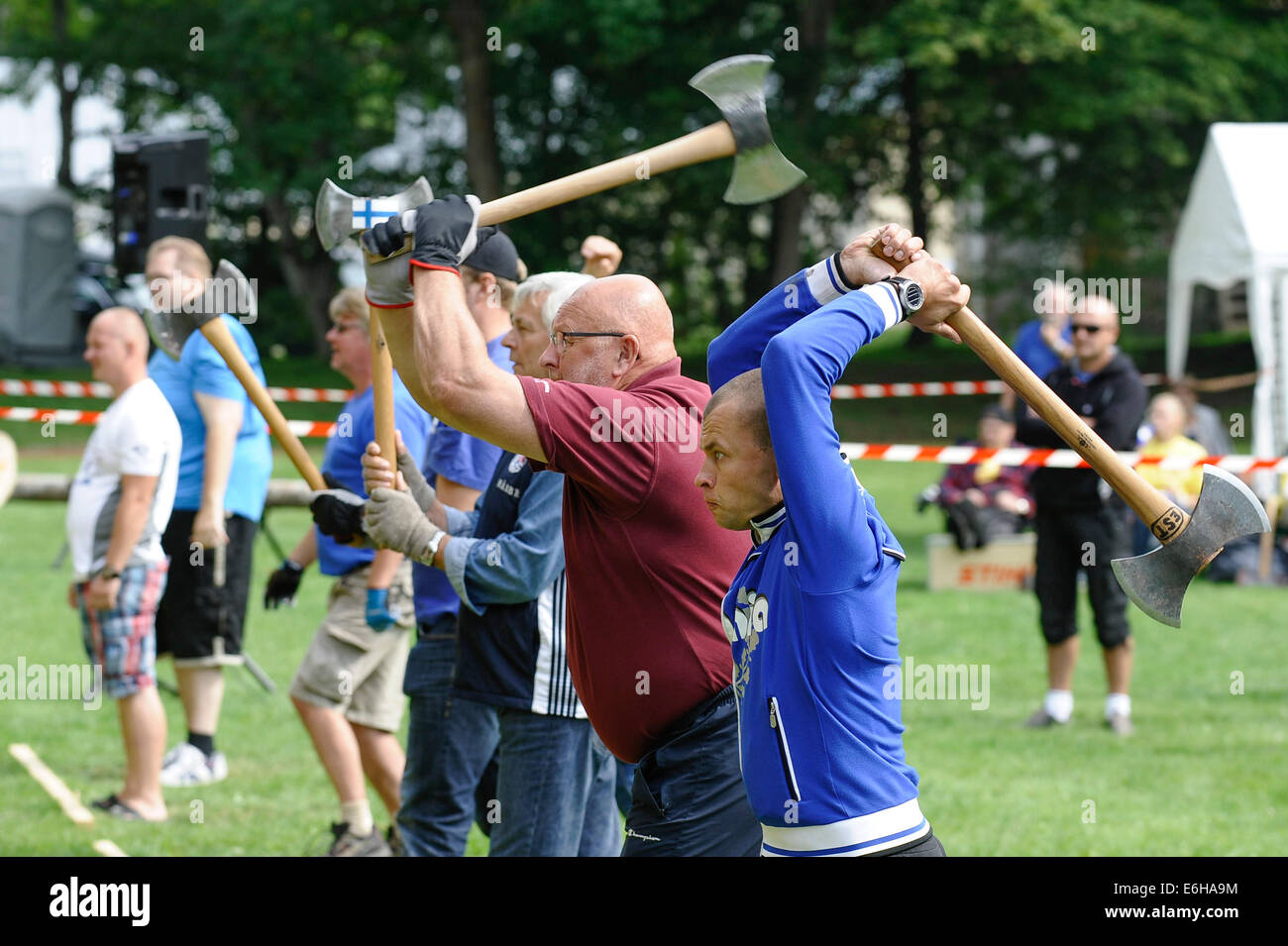 Maetaguse, Estonia. 23rd Aug, 2014. Players compete in the Nordic axe throwing championship in Maetaguse, Estonia, on Aug. 23, 2014. More than 100 best axe throwers from Denmark, Sweden, Finland and Estonia compete in the Nordic axe throwing championship, which lasts from 22 to 23 of August. © Sergei Stepanov/Xinhua/Alamy Live News Stock Photo