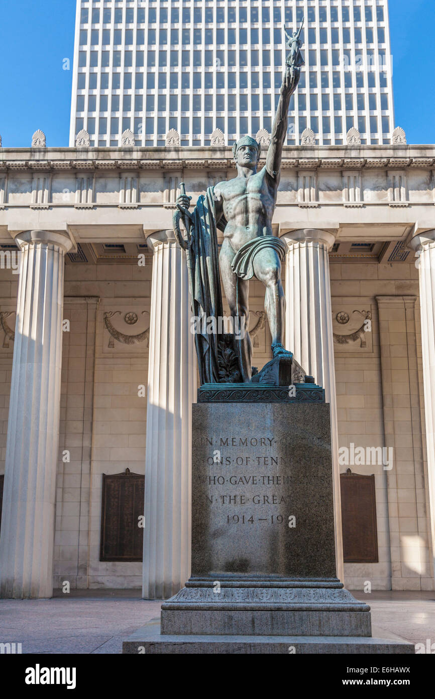 William Snodgrass Tennessee Tower behind bronze Victory statue at the War Memorial Plaza in
