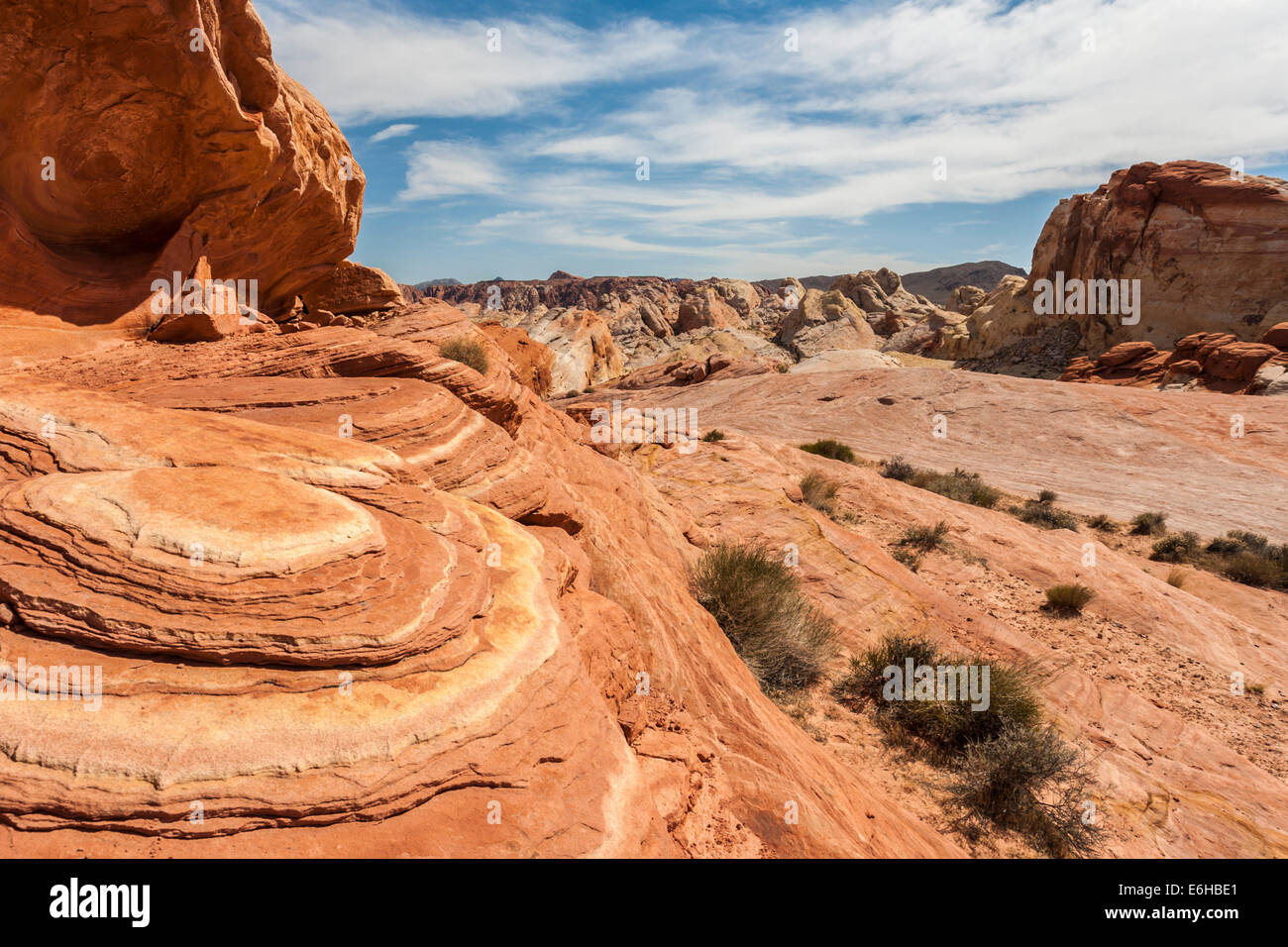 Rock formations and desert vegetation in Valley of Fire State Park near Overton, Nevada Stock Photo