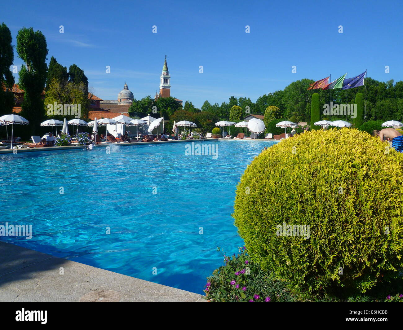 Venice's only open-air swimming pool at the luxurious Cipriani hotel on the island of Giudecca Stock Photo