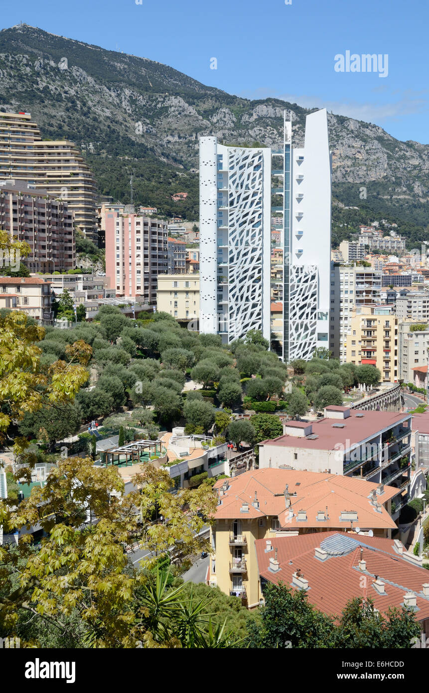 View of Simona Tower Block or High-Rise Luxury Apartments in Skyscraper by Jean-Pierre Lott Monaco Stock Photo