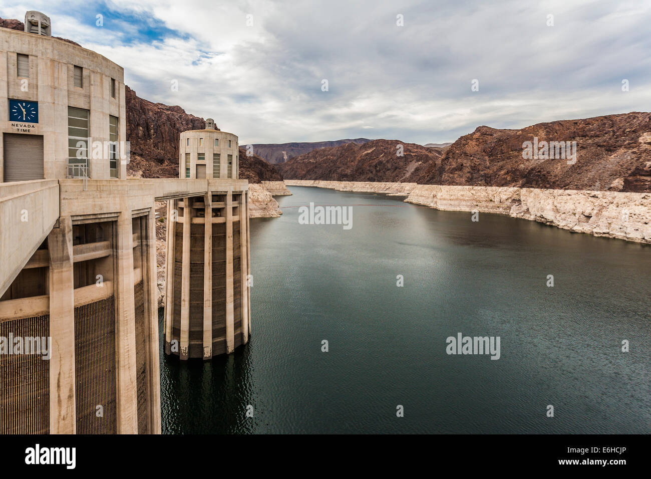 Water intake tower in Lake Mead at Hoover Dam in the Black Canyon of the Colorado River near Boulder City, Nevada Stock Photo