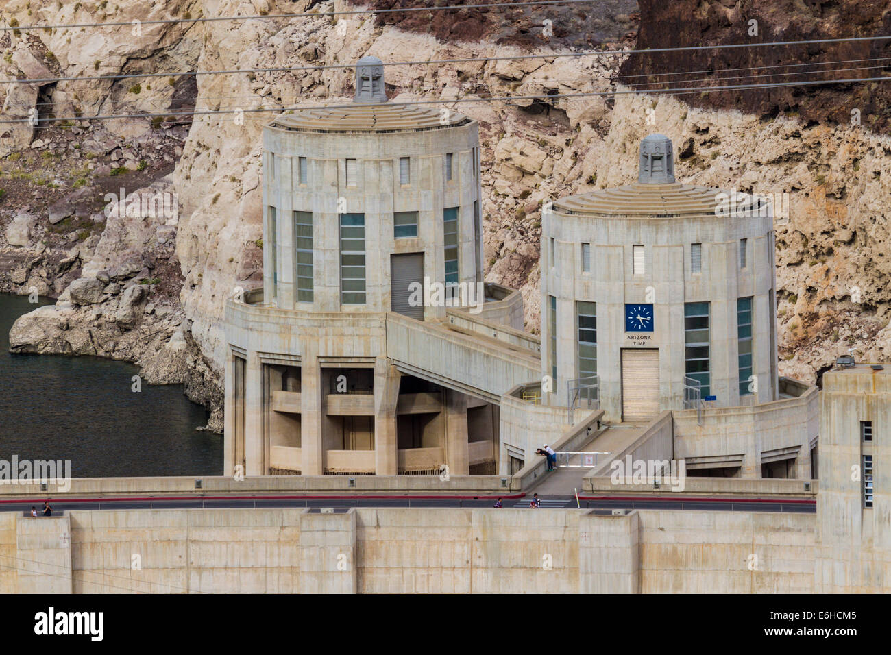 Water intake towers at Hoover Dam in the Black Canyon of the Colorado River near Boulder City, Nevada Stock Photo