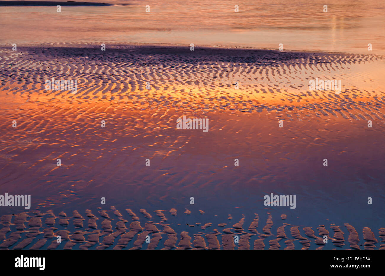 Dramatic reflections on beach ripples at low tide in the Gulf of Mexico near Gulfport, Mississippi Stock Photo