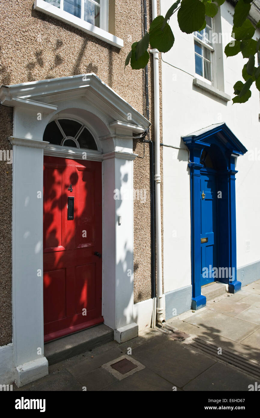 Red Blue Wooden Front Doors In Shade Of Terraced Houses In